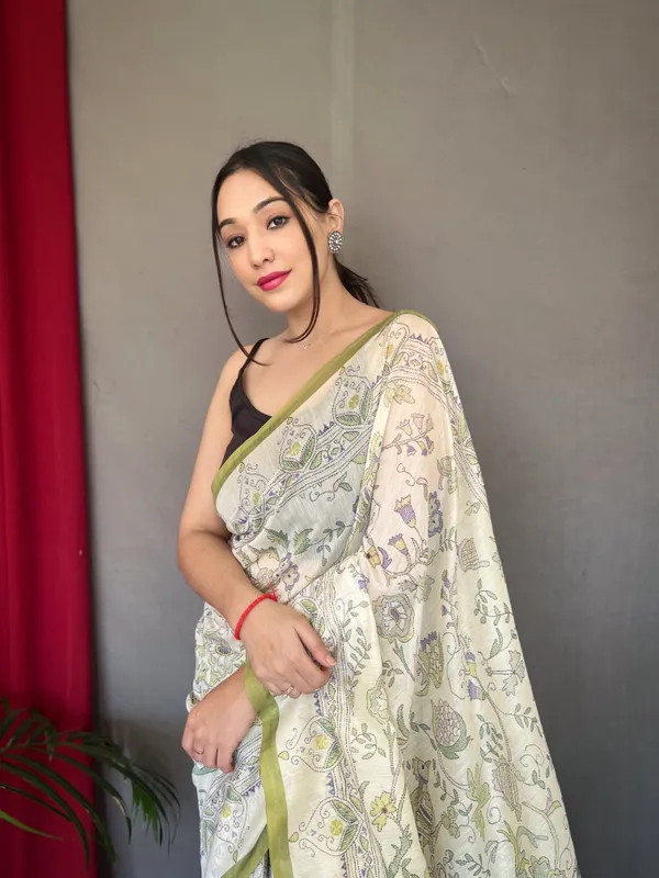 white_&_Green_Pure_Malai_Cotton_Sarees_With_Katha_Print_Work_With_Blouse_Piece_Attached